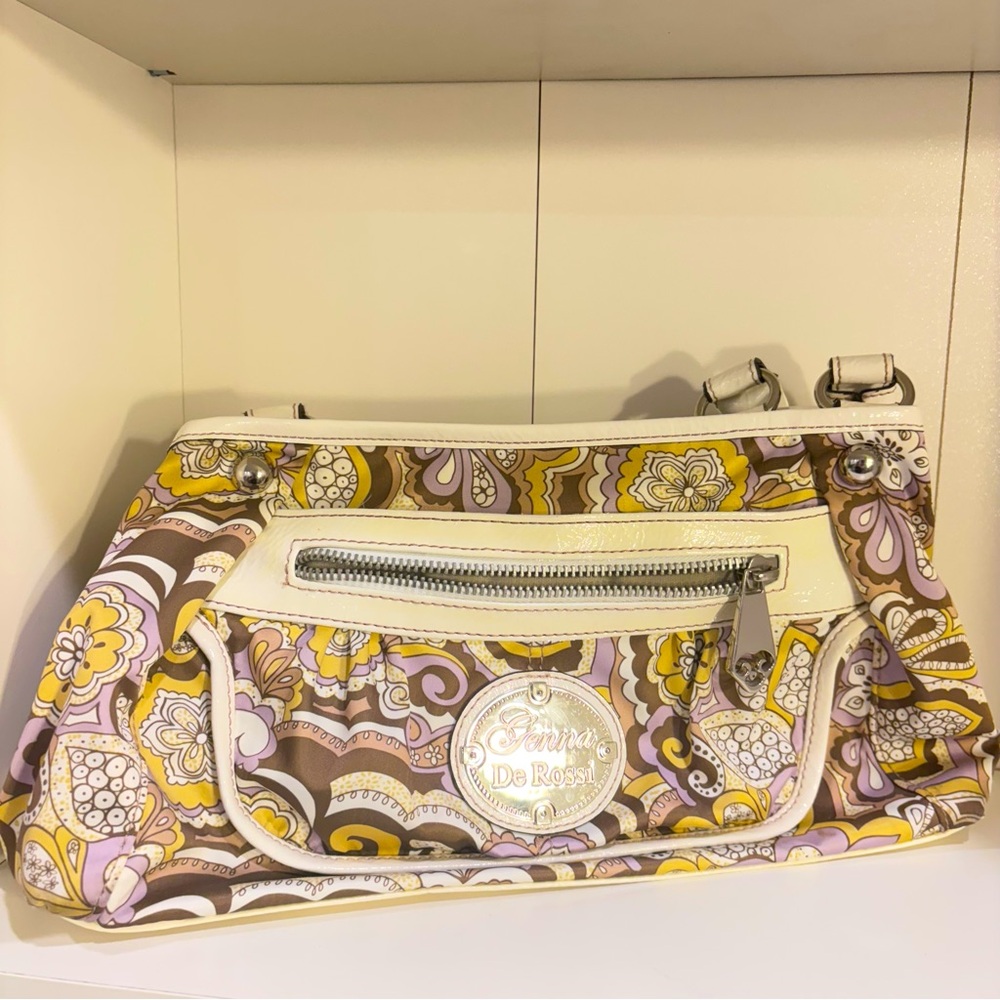 Genna DeRossi braided strap colorful purple and gold paisley purse